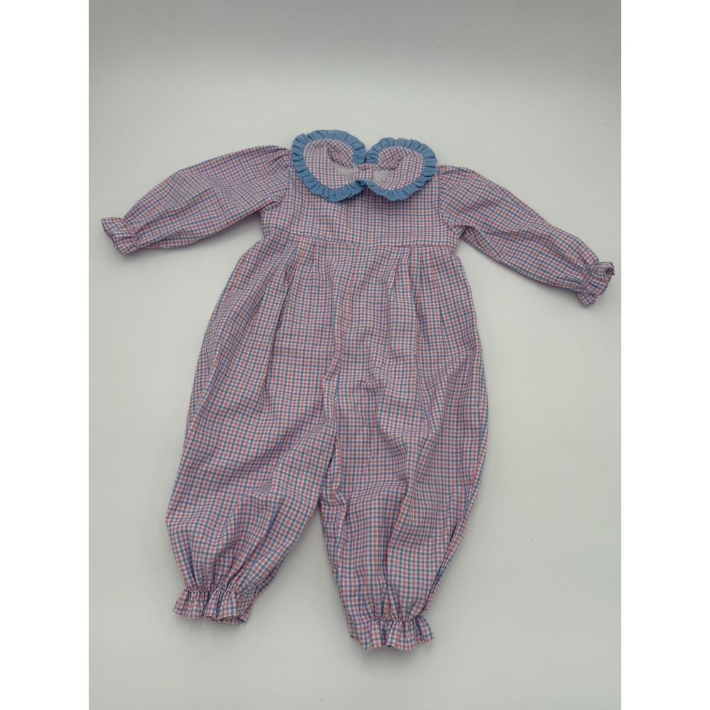 James & Lottie Gingham Bubble Romper Pink‎ Blue Ruffle Collar JLF23-003-M 9M